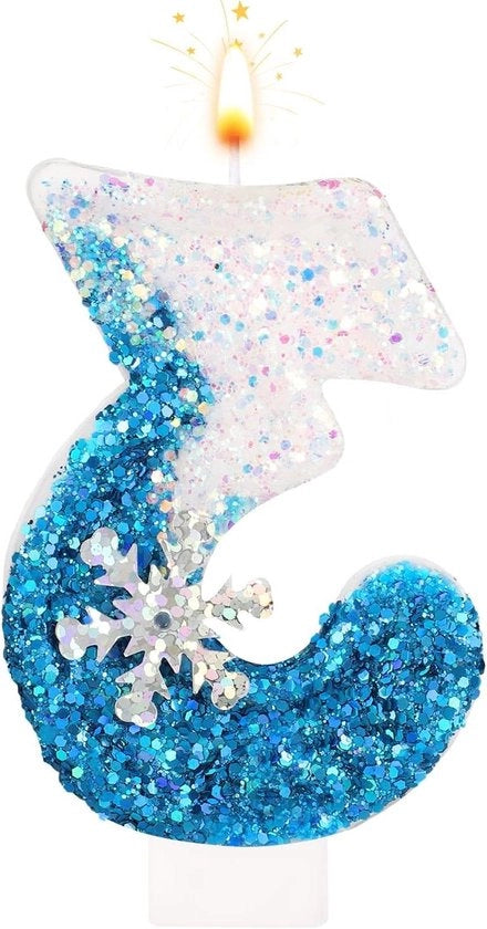 Candele per Compleanni con Pailletti a Fiamma di Neve in Bianco e Blu - Decorazioni per Torta per Compleanno, Matrimonio, Festa - Candele Numeriche 0-9 (Set da 3)