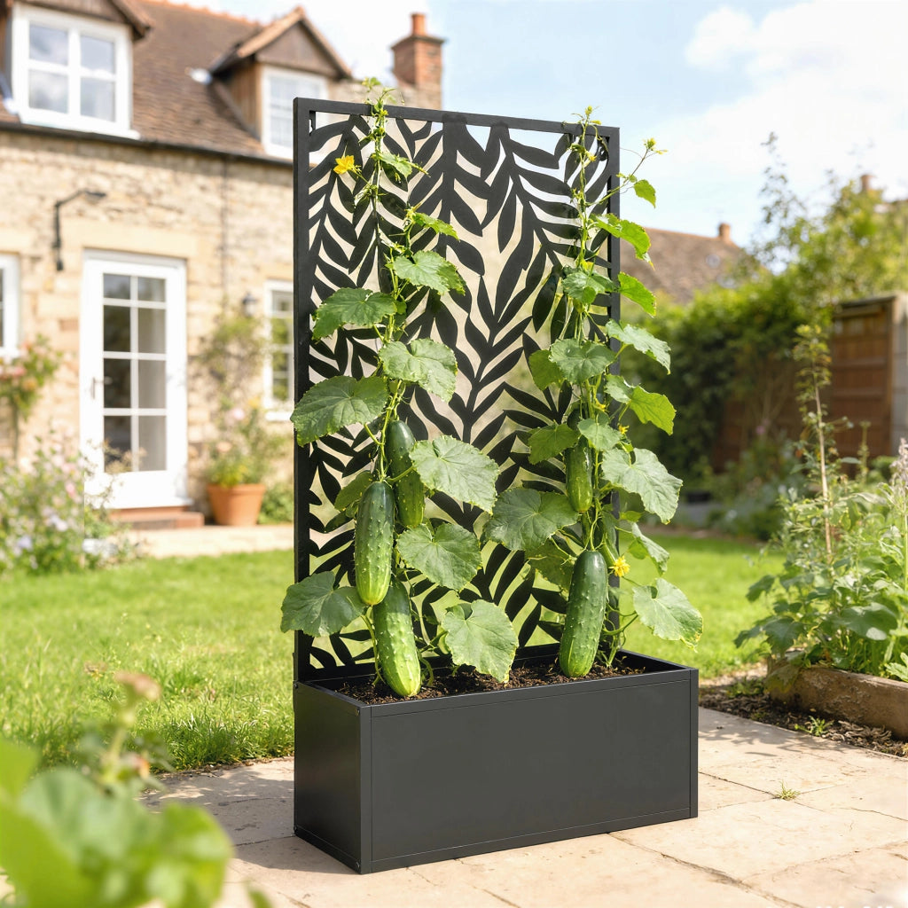 Vaso per piante con graticcio e motivo foglie tropicali ¨C zephmum ¨C Nero 61x23x113 cm