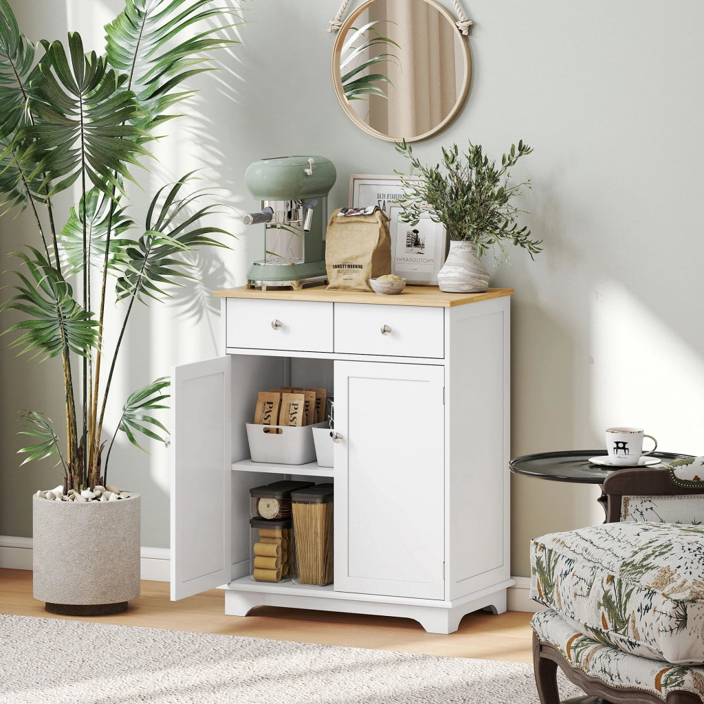 Credenza Bassa con Armadietto 2 Ante. Ripiani Regolabili e 2 Cassetti. Bianco e Legno