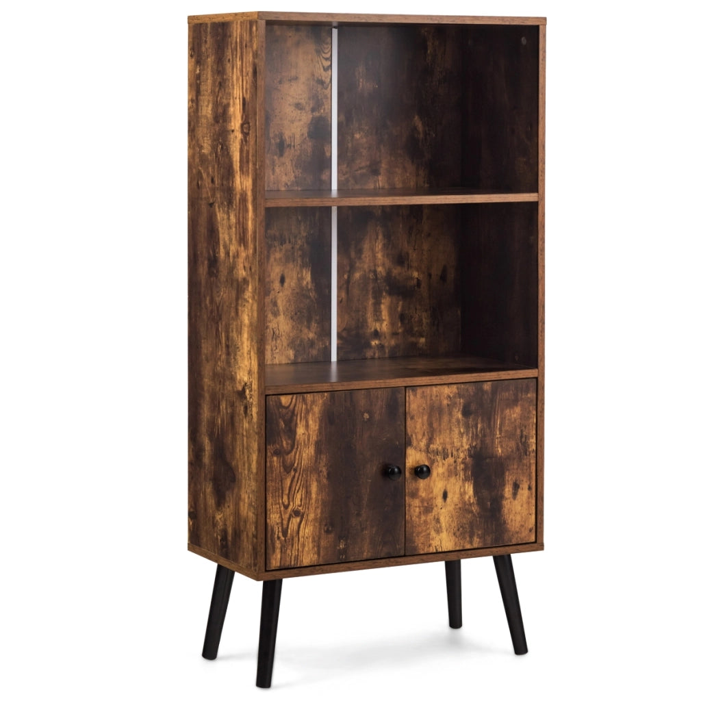 Libreria retr¨° con 2 livelli, Scaffale industriale con 3 scompartimento e 2 ante, Marrone