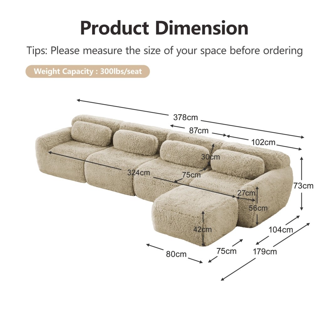 Divano Angolare Modulare 4 Posti con Chaise Longue e Cuscini; senza Montaggio; in Peluche; Cachi Chiaro