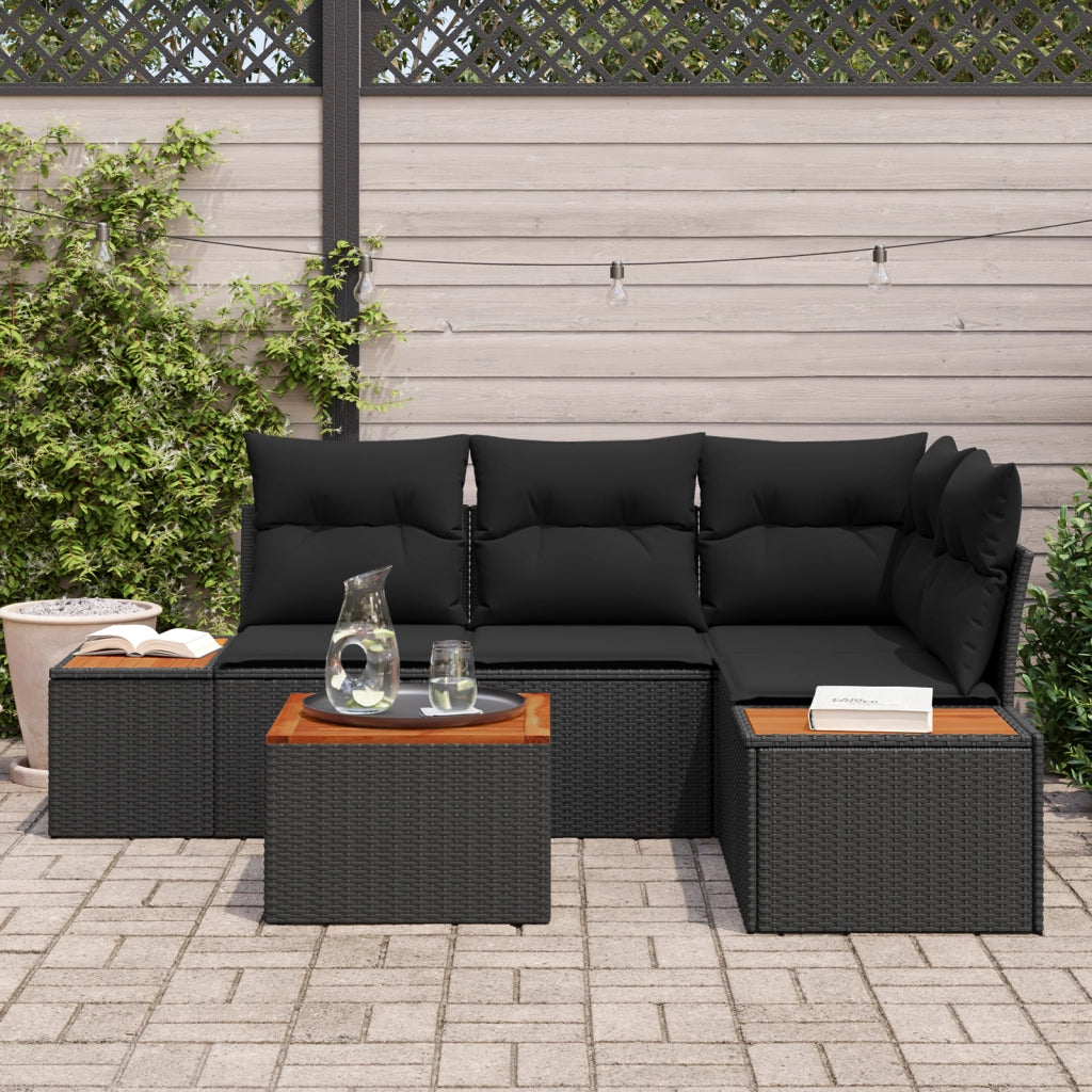 Set Divano Giardino 5 Pezzi con Cuscini Polyrattan Nero Acacia