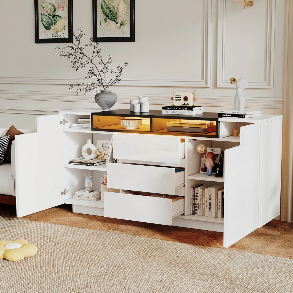 Credenza con 2 ante; 3 cassetti e LED - per soggiorno - 140x40x68 cm - bianco