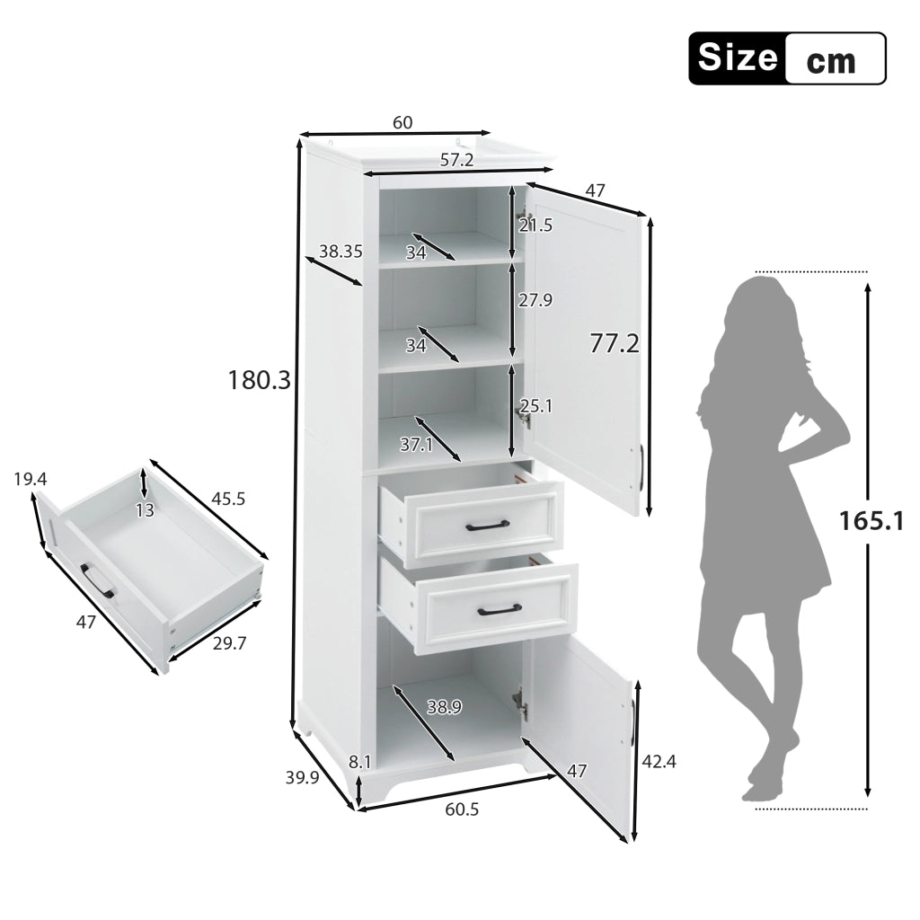Armadietto da bagno con 2 cassetti, 2 ante e ripiani aperti, in MDF, per bagno, bianco, 60 × 40 × 180 cm