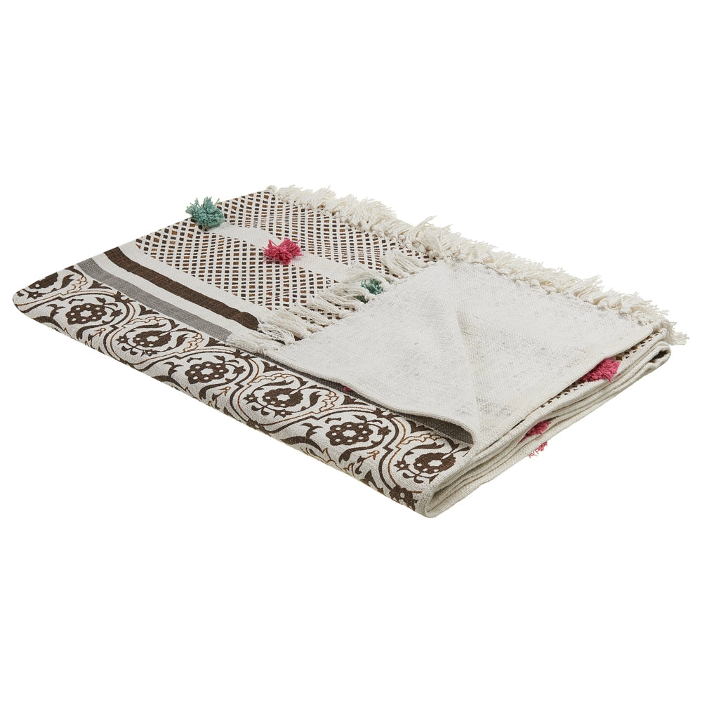Coperta marrone beige cotone 130 x 180 cm motivo floreale lavorato a maglia pompon pompons soggiorno camera da letto accento pezzo