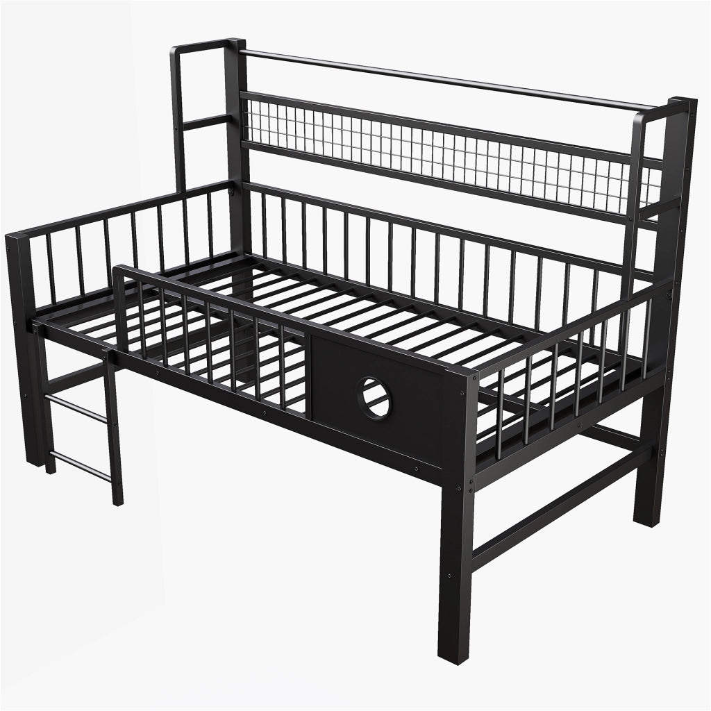 Letto a soppalco basso per bambini 90 × 200 cm con sbarre di sicurezza, ripiano e asta appendiabiti, senza materasso, nero