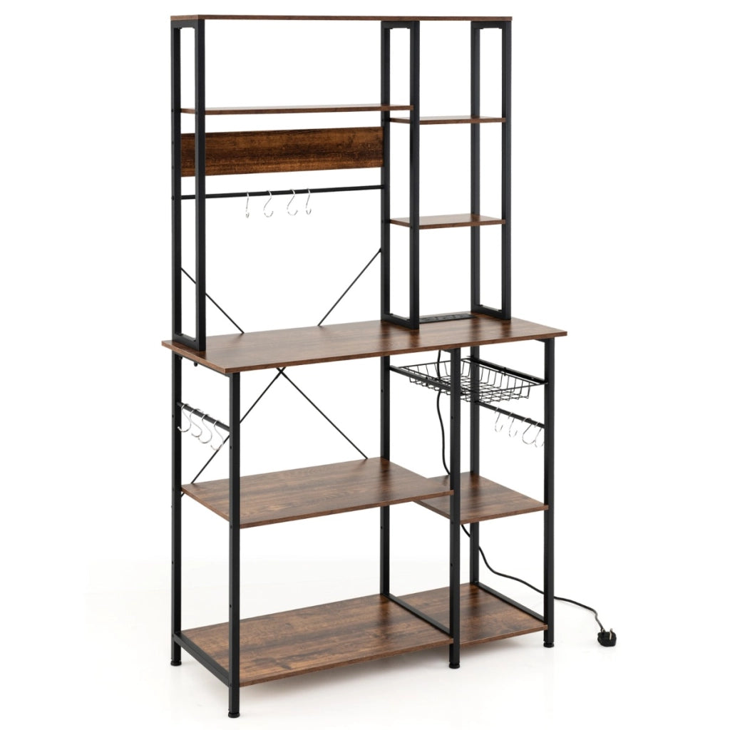 Scaffale da cucina stand per microonde a 6 ripiani con ripiani aperti-Scaffale da cucina con stazione di ricarica Marrone
