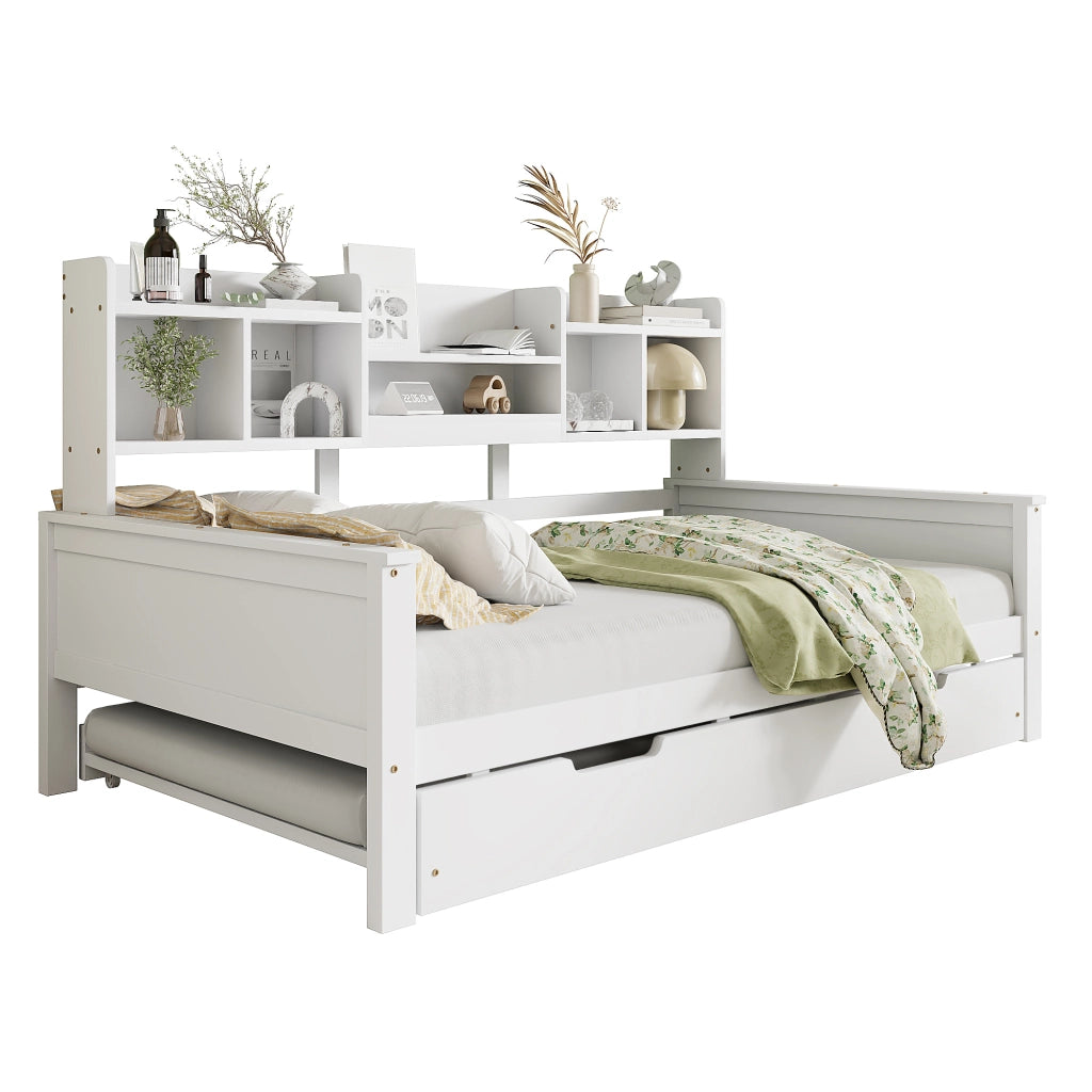 OKWISH Letto a Scomparsa 90×200 cm, Letto Singolo con Letto Estraibile 90×190 cm, Vani Portaoggetti e Cassetto, senza Materasso, Bianco