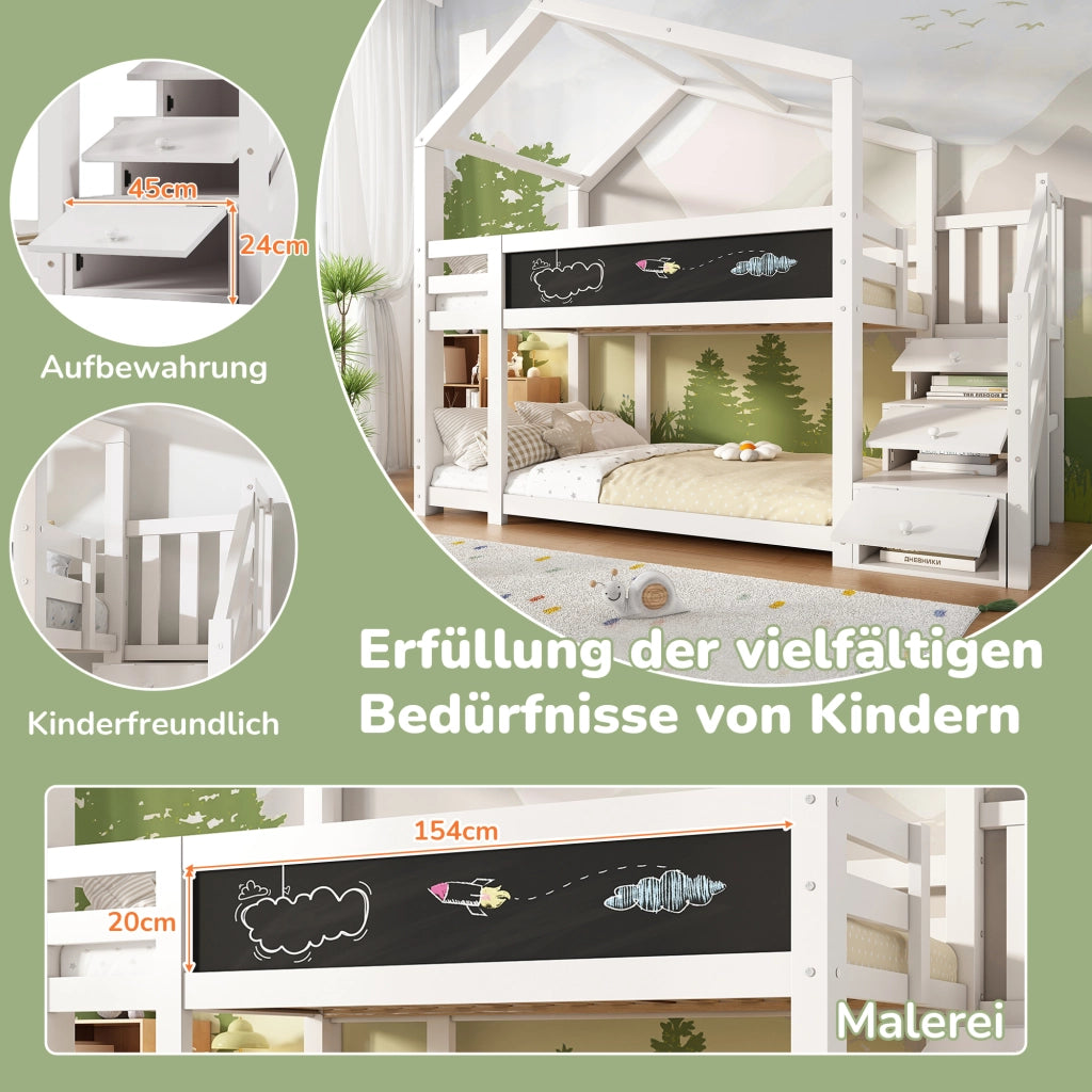 OKWISH Letto a Castello a Casetta 90×200 cm, Letto Singolo con Contenitore, Cassetti e Lavagna, con Barriera, senza Materasso, Bianco