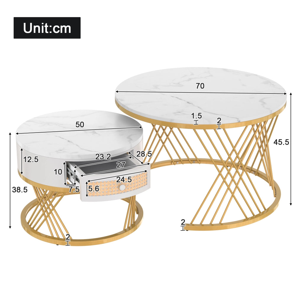 Set di 2 tavolini rotondi 70x70x45.5 cm e 50x50x38.5 cm; piano effetto marmo; MDF bianco