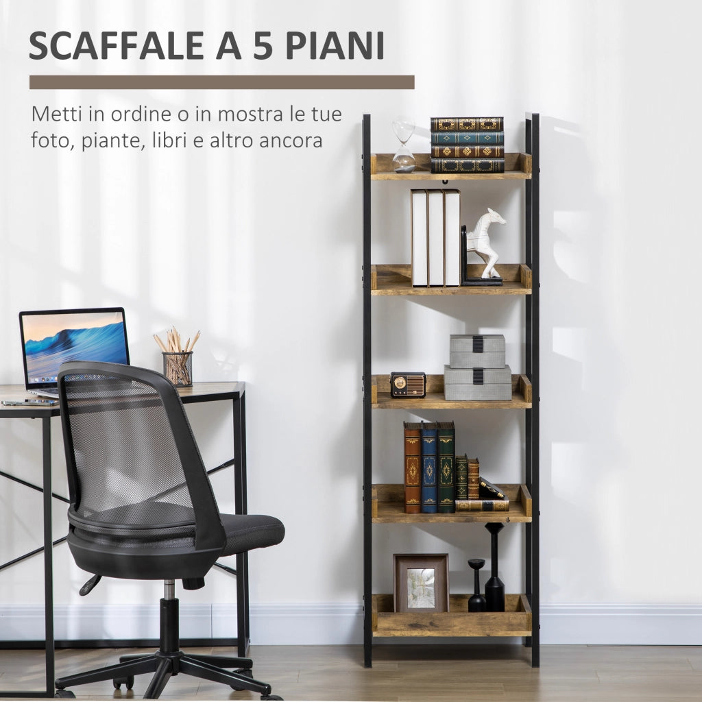 Libreria Stile Industriale a 5 Ripiani in Legno e Metallo, 48x30x155cm, Marrone Rustico