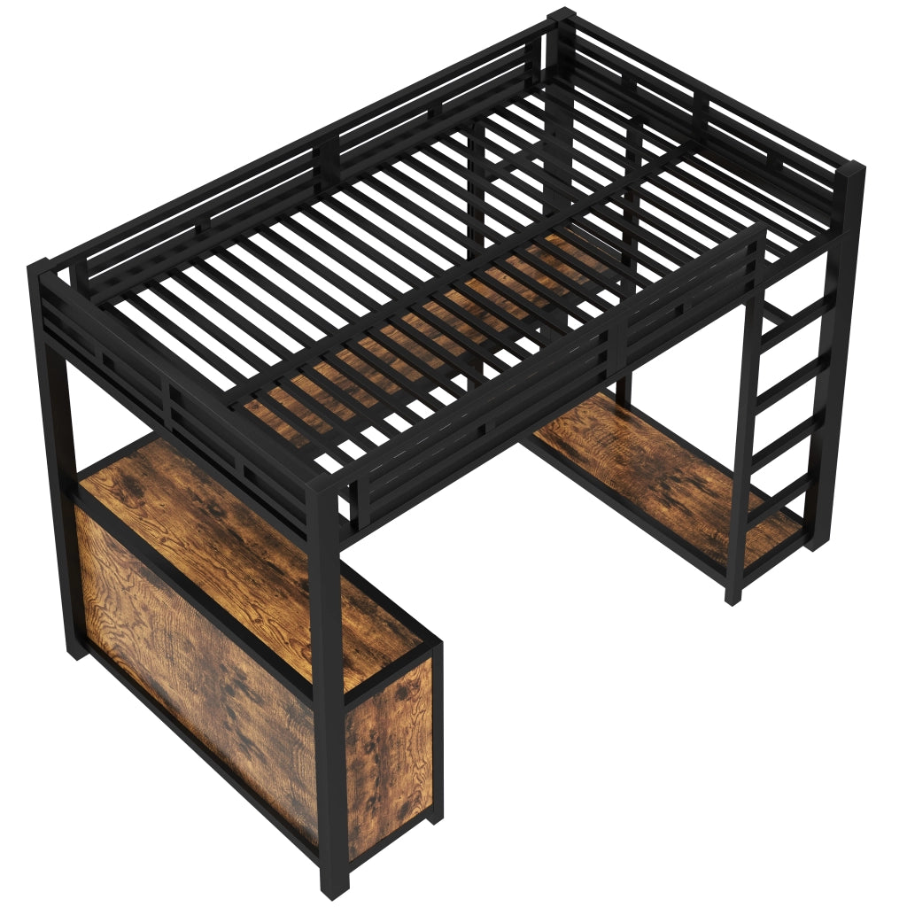 LETTO a Soppalco 140x200 cm con Scrivania, LED e Armadio Aperto Nero