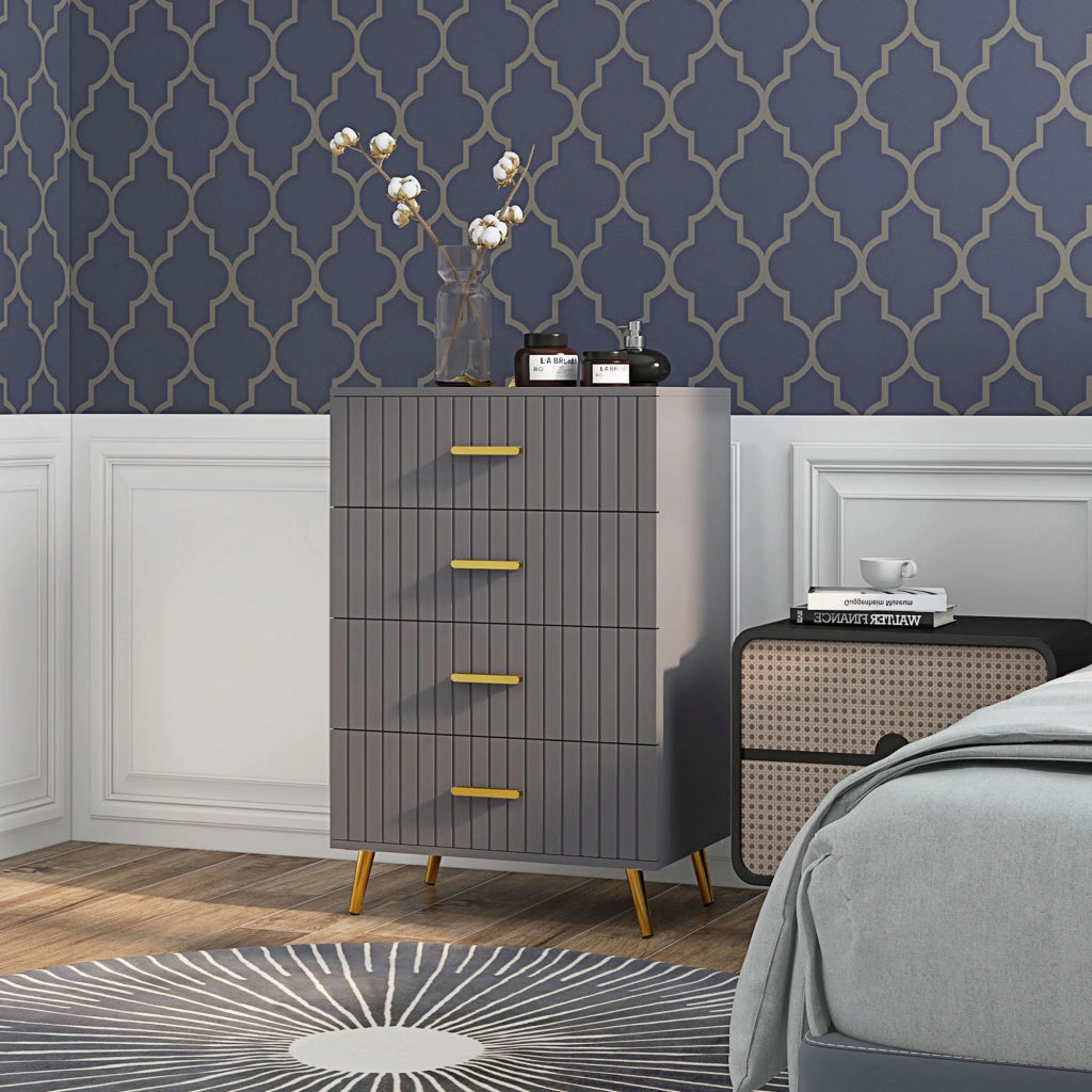 Cassettiera 4 Cassetti Moderna in Legno e Alluminio, 60x40x90 cm, Oro e Grigio Scuro