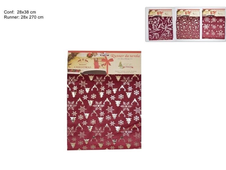 Runner da Tavola Natalizio in Velluro Rosso con Decorazioni Oro 28 x 270 cm