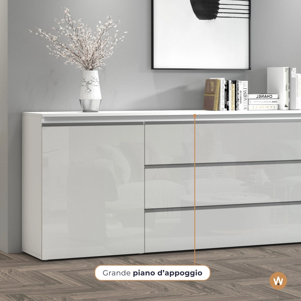 WHOUS Credenza cassettiera Magic con 2 ante e 3 cassetti bianco lucido 240x40x80 cm