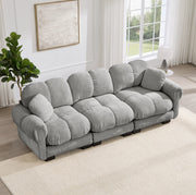 Divano modulare in chenille 260x86x90 cm con cuciture trapuntate; cuscini spessi; grigio chiaro