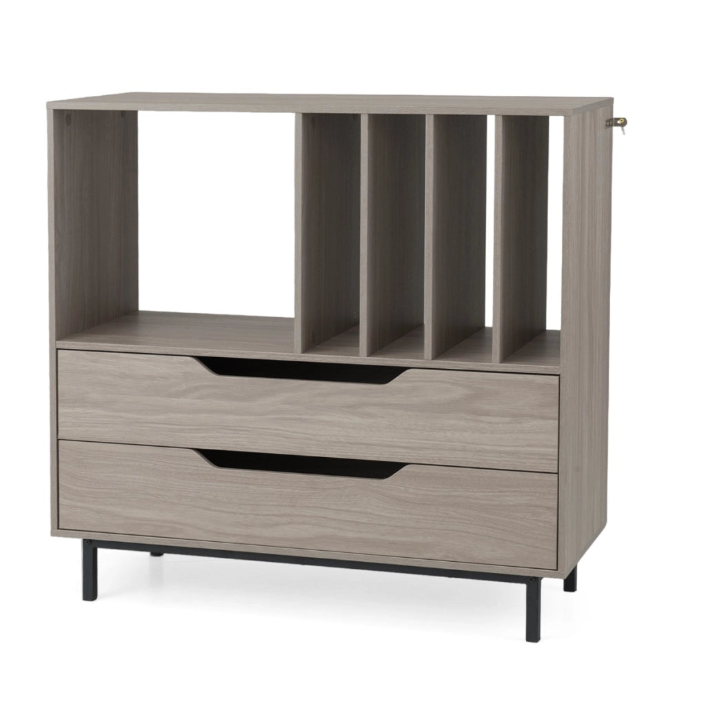 Supporto per giradischi con scomparto aperto 4 ripiani per vinili e 2 cassetti, Supporto Porta vinili retr¨° Grigio