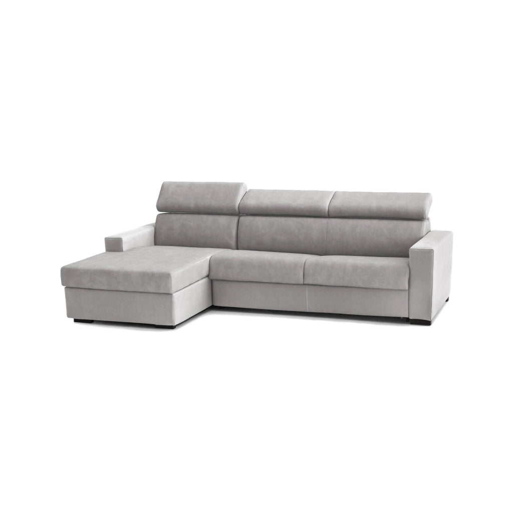 Divano fisso Aryaly, Divano ad angolo, Made in Italy, SofÒ  Soggiorno con chaise longue, in tessuto imbottito - Penisola contenitore Sinistra, con Braccioli slim, cm 280x95h85, Grigio