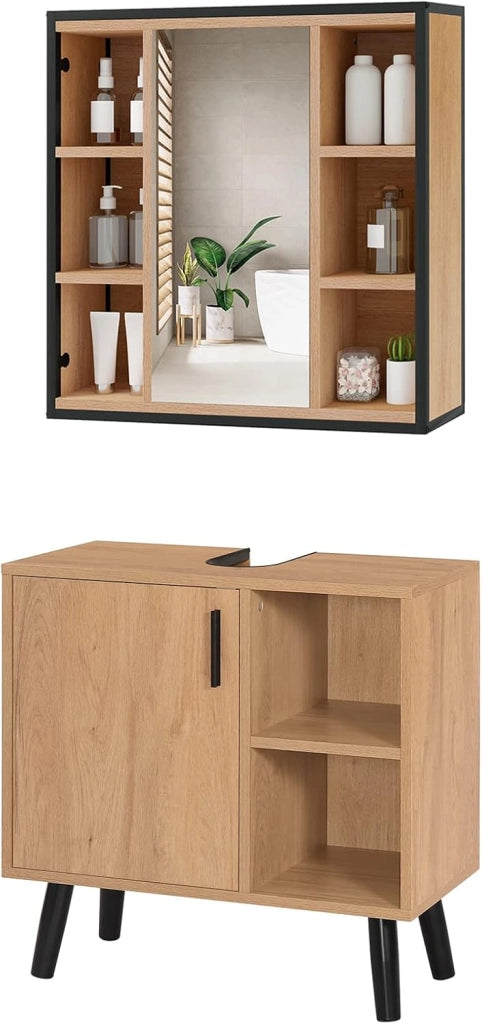 Set di mobili da bagno con armadietto a specchio in metallo + legno modello 18