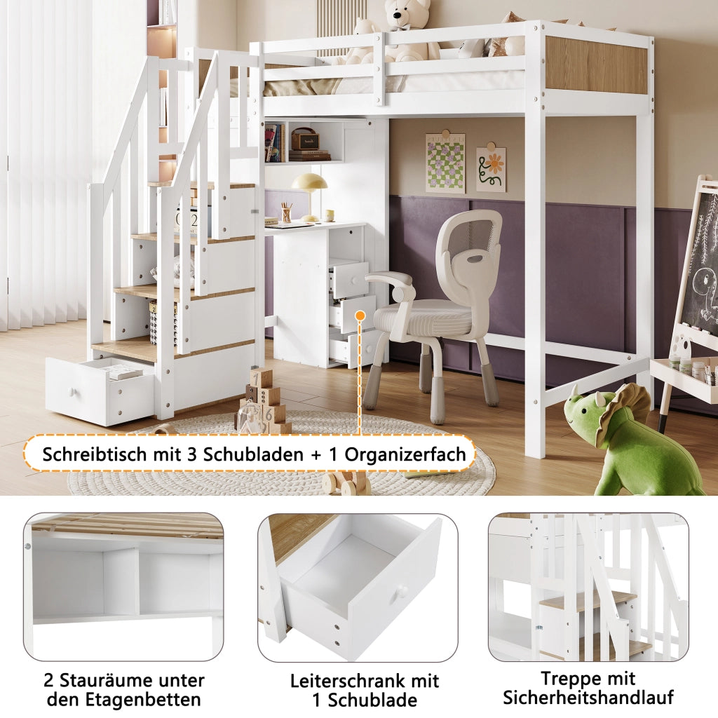 DESMIU Letto a Soppalco 90 × 200 cm 1 Posto con Scrivania, 3 Cassetti e Scaffale, senza Materasso, Bianco Naturale