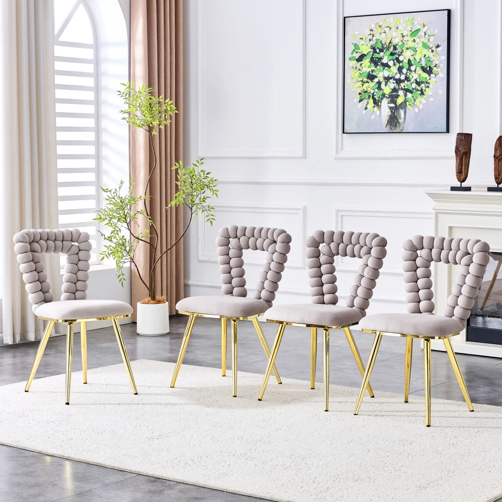 Sedia da pranzo 2 pezzi con schienale geometrico e gambe metalliche in velluto grigio chiaro