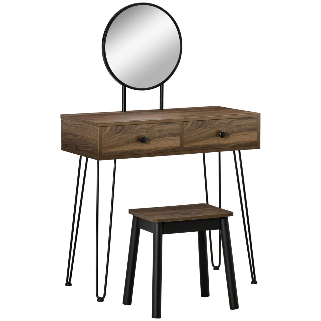 Consolle Trucco con Specchio e Sgabello in Legno e Metallo Color Noce