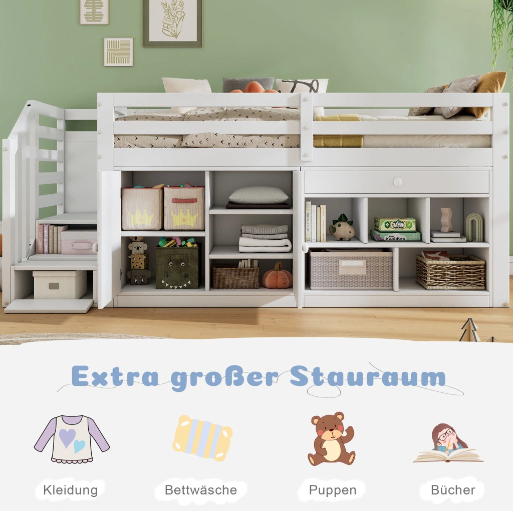 Letto singolo multifunzione 90x200 cm in legno massiccio e MDF; bianco; con scala e contenitore