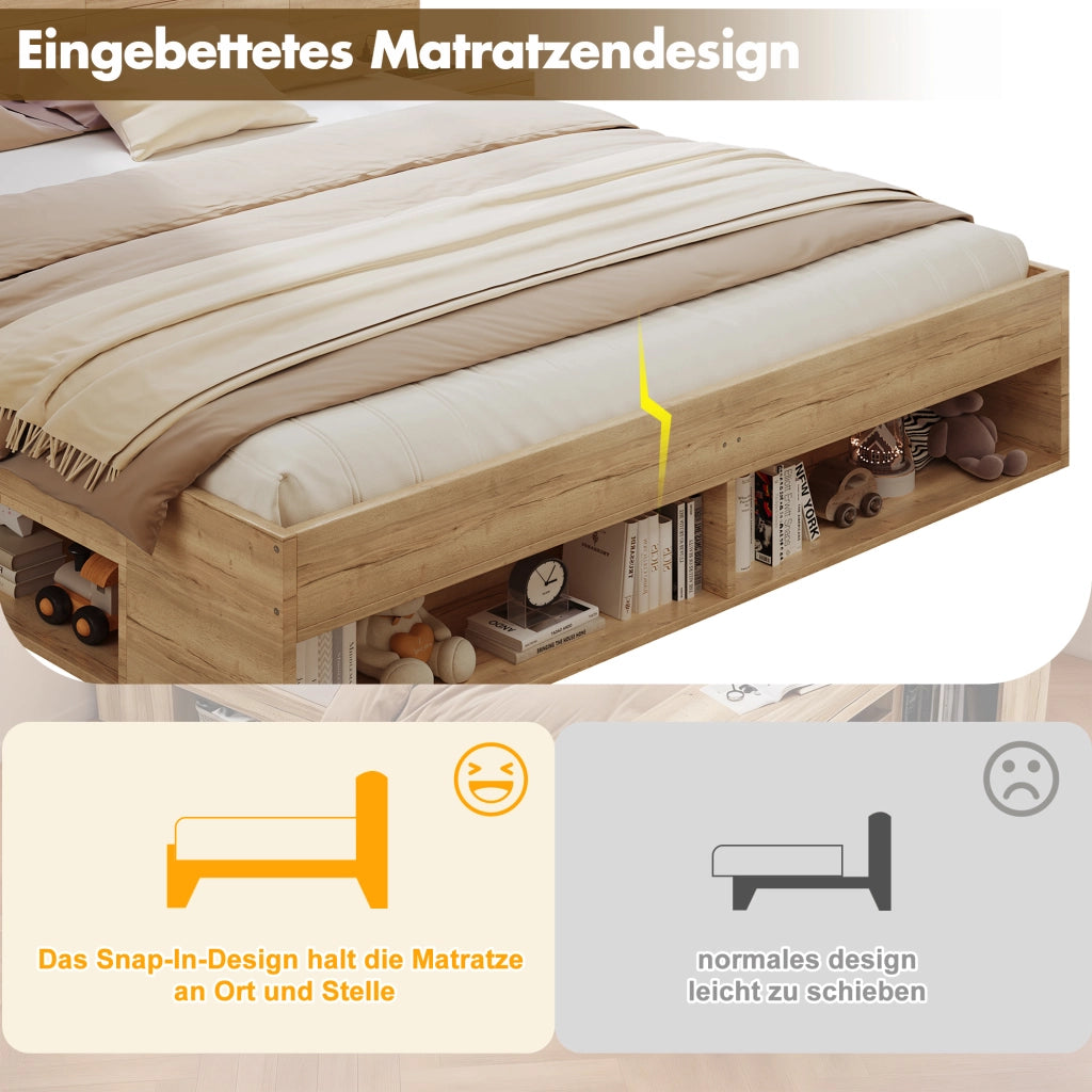 DESMIU Lit Matrimoniale 180 × 200 cm con 2 comodini, cassetti, USB e Type-C, LED, senza materasso, in MDF, naturale