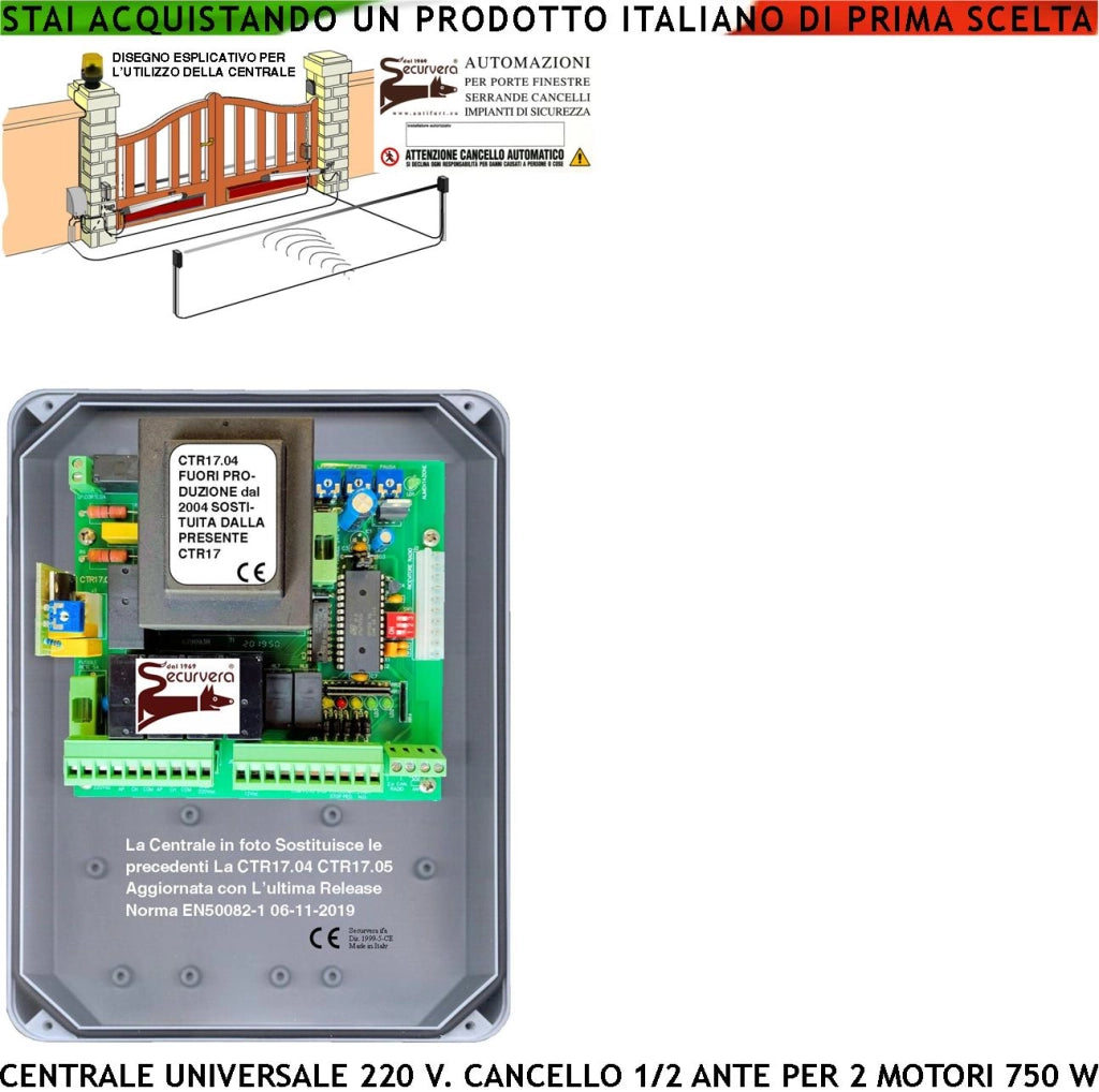 CENTRALE CANCELLO 2 ANTE BATTENTI NUOVA CTR17 PM8000 220 V UNIVERSALE SELEZIONE FUNZIONI REGOLAZIONI FORZA E TEMPI 3 TRIMMER