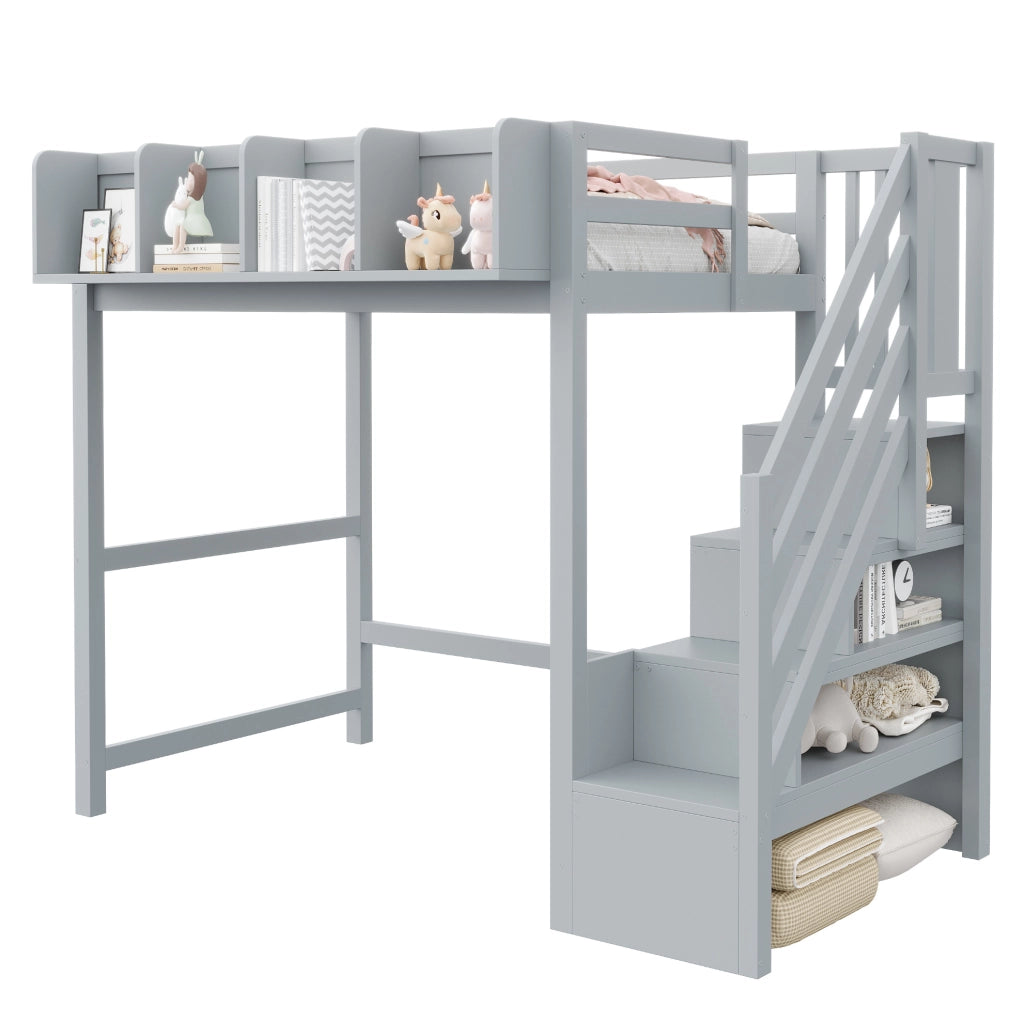 Letto a soppalco 90x200 cm con LED; ripiani e scala con vani in pino; grigio