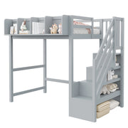 Letto a soppalco 90x200 cm con LED; ripiani e scala con vani in pino; grigio