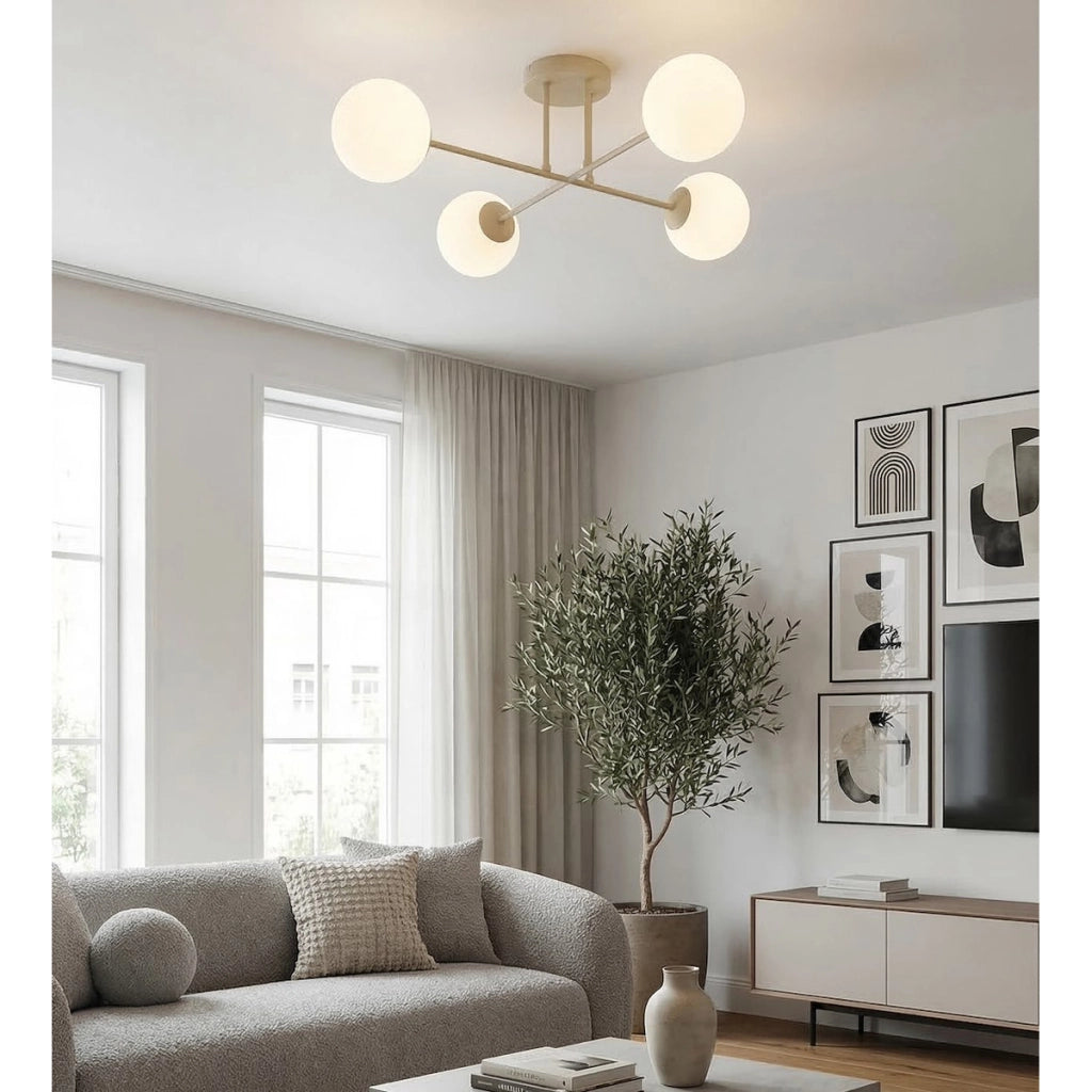 Lampada a sospensione ROMA con struttura beige e sfere in vetro opale