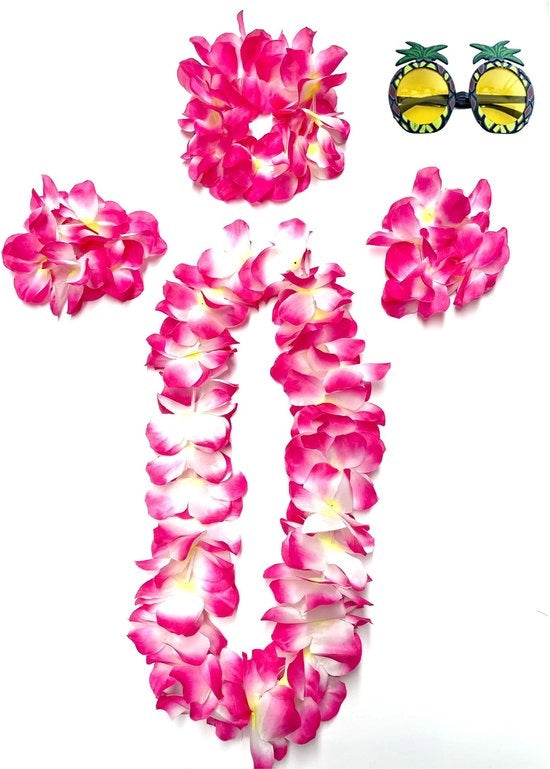 Collana a fiori 5 pezzi - Corona hawaiana - Collana per collo - Fascia per capelli - Bracciale - Collana in lana luce polyester