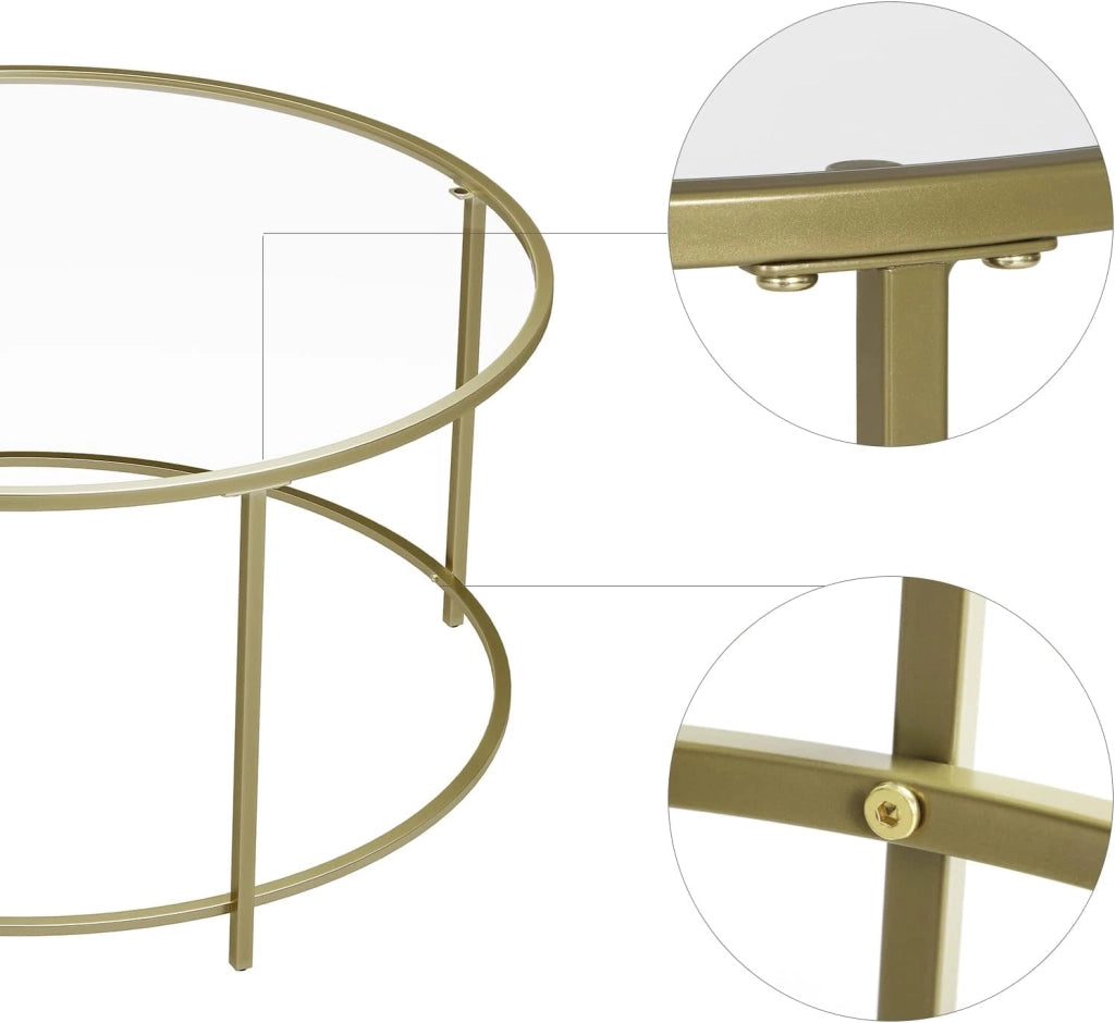 VASAGLE Tavolini Rotondi, Set di 2, Tavolini da Salotto, Tavolini da Divano, Piano in Vetro Temperato con Struttura in Metallo, Comodini, per Balcone, Dorato LCT628B01