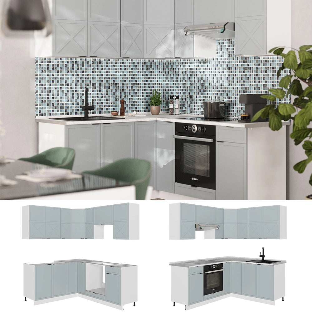 Vicco Cucina angolare completa Blu-grigio chiaro/bianco 160 x 60 cm senza piano di lavoro