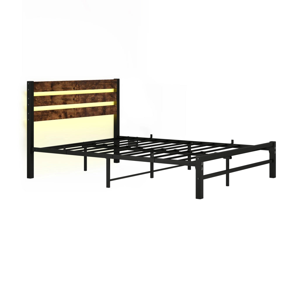 Letto in metallo con USB LED 140x200 cm MDF marrone e metallo