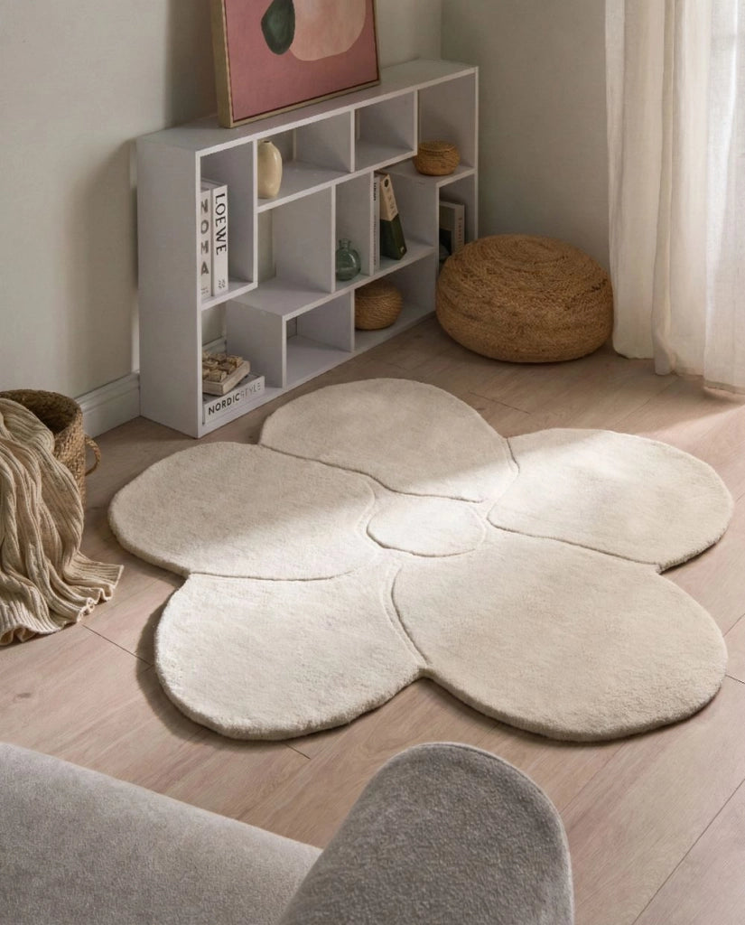 Tappeto in lana a forma di fiore beige chiaro 140 x 140 cm camera da letto cameretta
