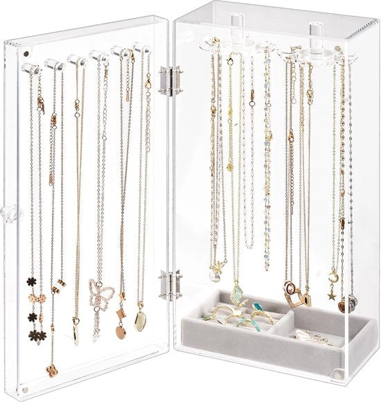 Organizzatore di gioielli trasparente con 24 ganci, display di collane stoffa-densità, standard di gioielli trasparente con cassetto in velluto - trasparente (senza specchio)