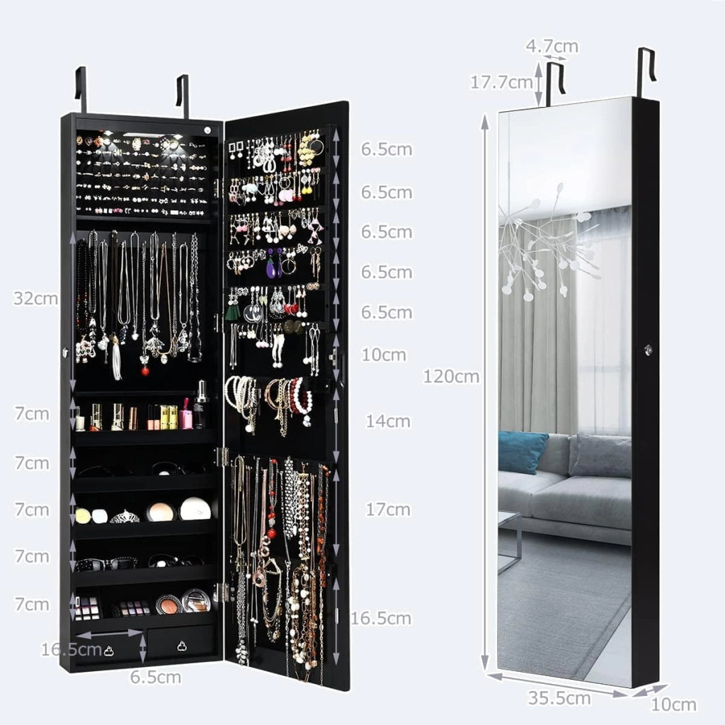 Armadio per Gioielli da Parete, con Luce a LED, 2-In-1 Design, Armadietto con Specchio Salvaspazio, 120 x 36 x 10 cm (NERO)