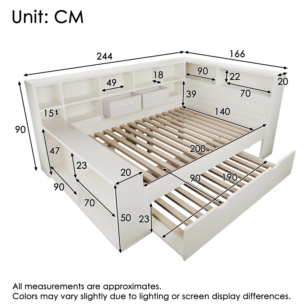 LETTO estraibile 140x200 cm legno bianco con 8 vani portaoggetti e porte USB