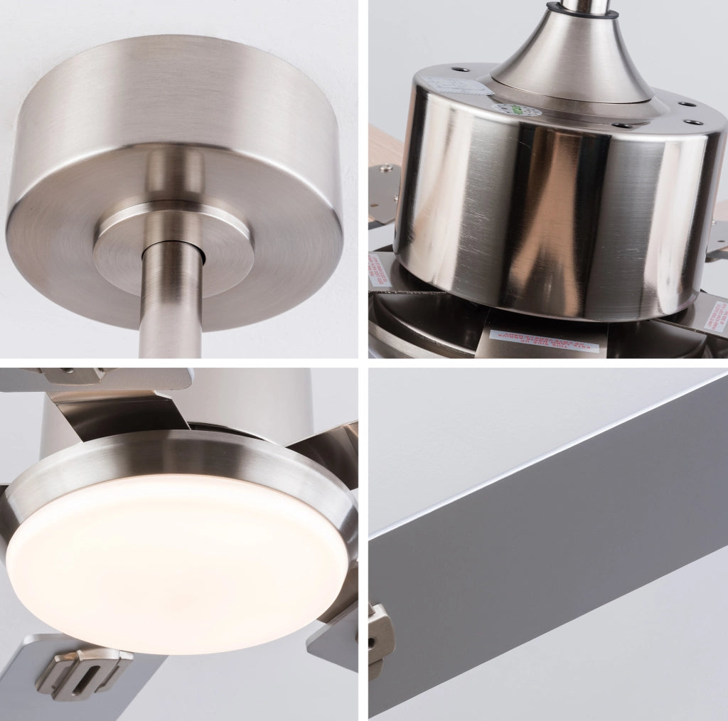 Ventilatore da soffitto con luce LED dimmerabile e telecomando; metallo e legno; color nichel