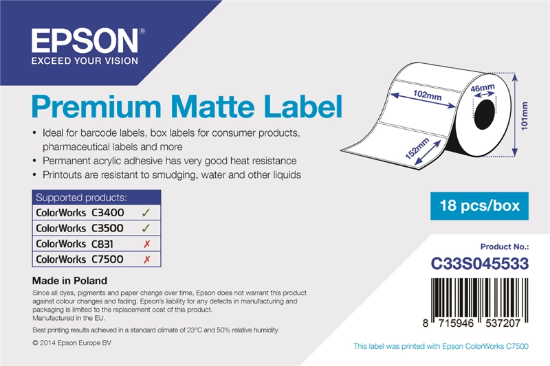 ORIGINAL Epson Etichette Bianco C33S045533 S045533 Premium Matte Label - Die-cut Roll: 102mm x 152mm, 225 labels