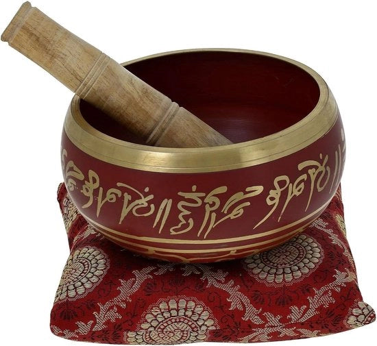 Tibetano singentefono rosso con bastone e cuscino - ideale per meditazioni e terapia del suono - 5 pollici