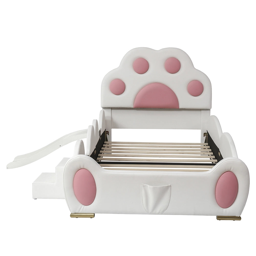 Letto bambino-Xylo-90x200 cm-testo zampa gatto, scivolo, scala, bianco+rosa