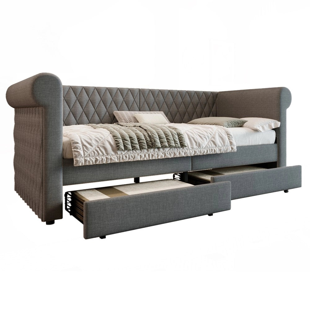 Letto Singolo Imbottito con Cassetti e Rete a Doghe ¨C MINIMAL ¨C Tessuto Grigio 90x200