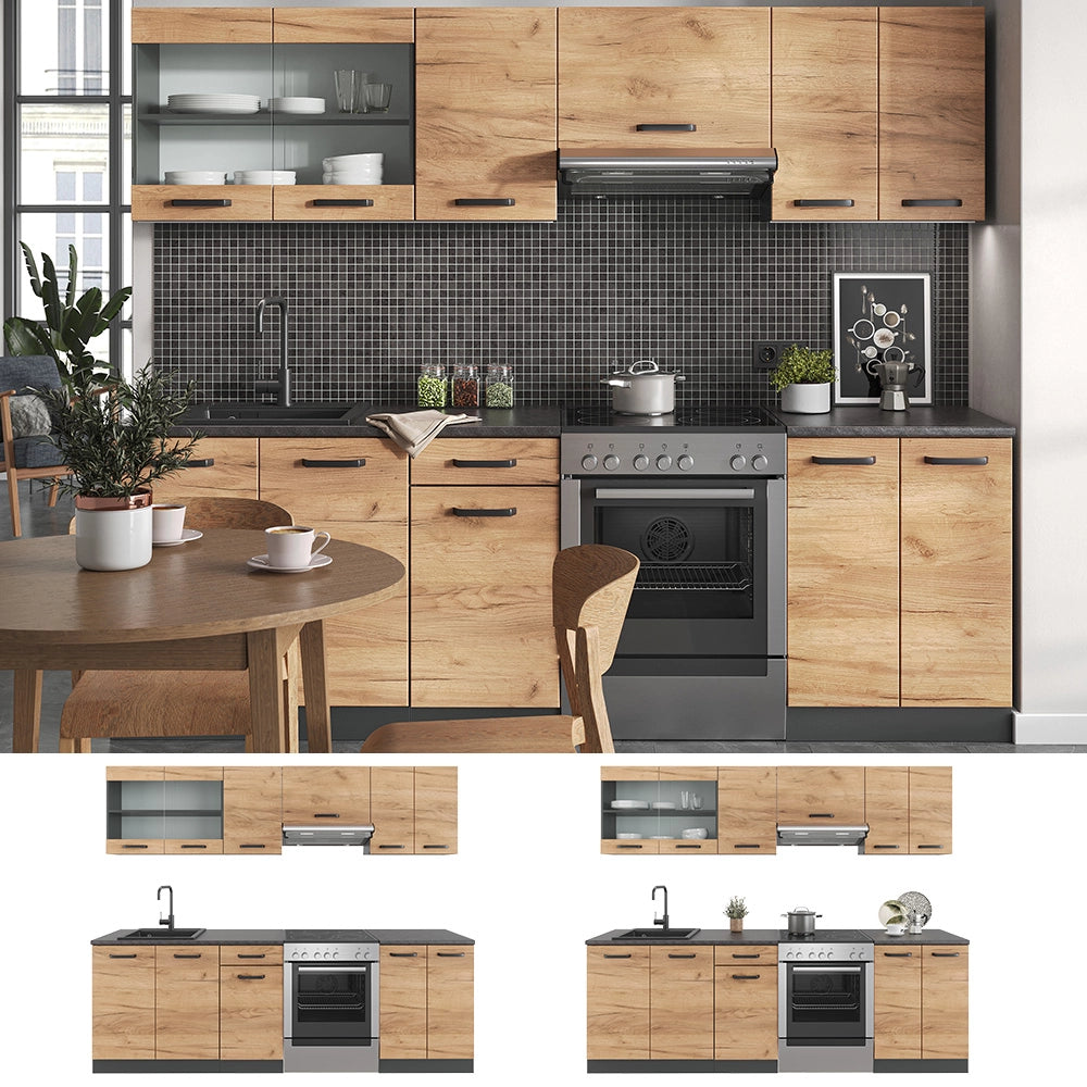 Vicco Mobile da cucina Quercia dorata/antracite 240 cm , PL Fantasia nera con striscia LED