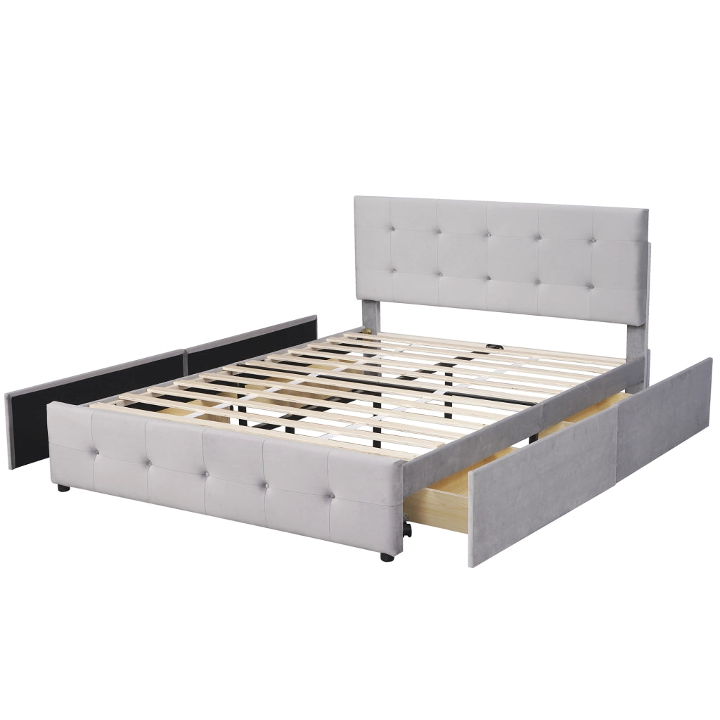 Letto con Cassetti; Contenitore - 4 Cassetti; Struttura in Acciaio e Tessuto - Grigio