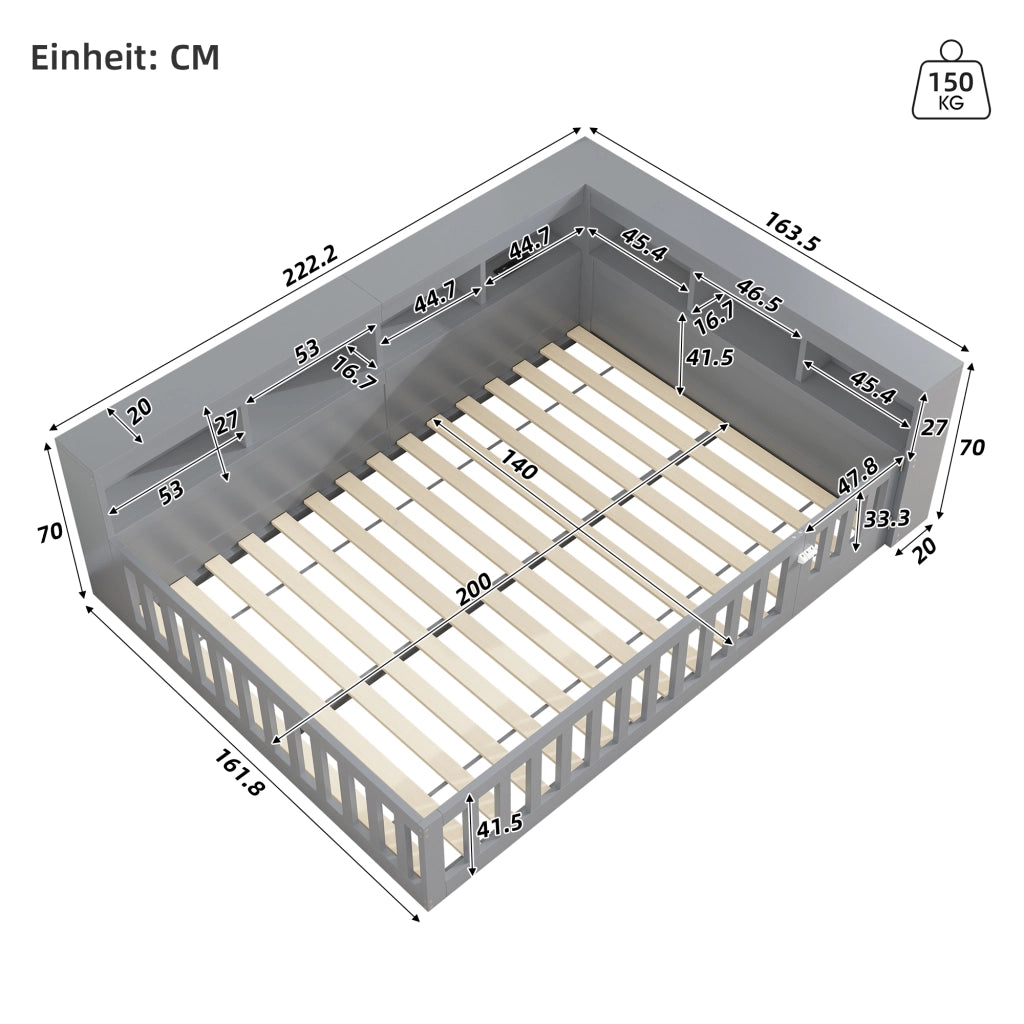 OKWISH Letto a Divano 140×200 cm, Letto Matrimoniale con Prese, USB e Vani Contenitore, Spondina Estraibile, senza Materasso, Grigio