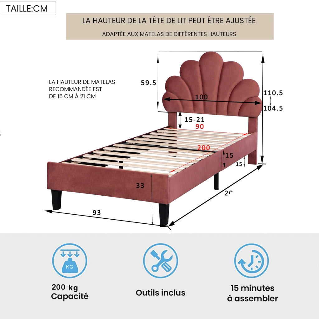 Letto Singolo 90 x 200 cm; 1 Posto con Testiera a Fiore; senza Materasso; Imbottito; Rosso