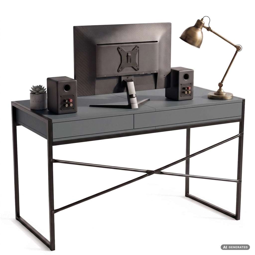 Scrivania industriale per computer Grafite ELONIS 123 cm 2 cassetti 1 ripiano gambe nere